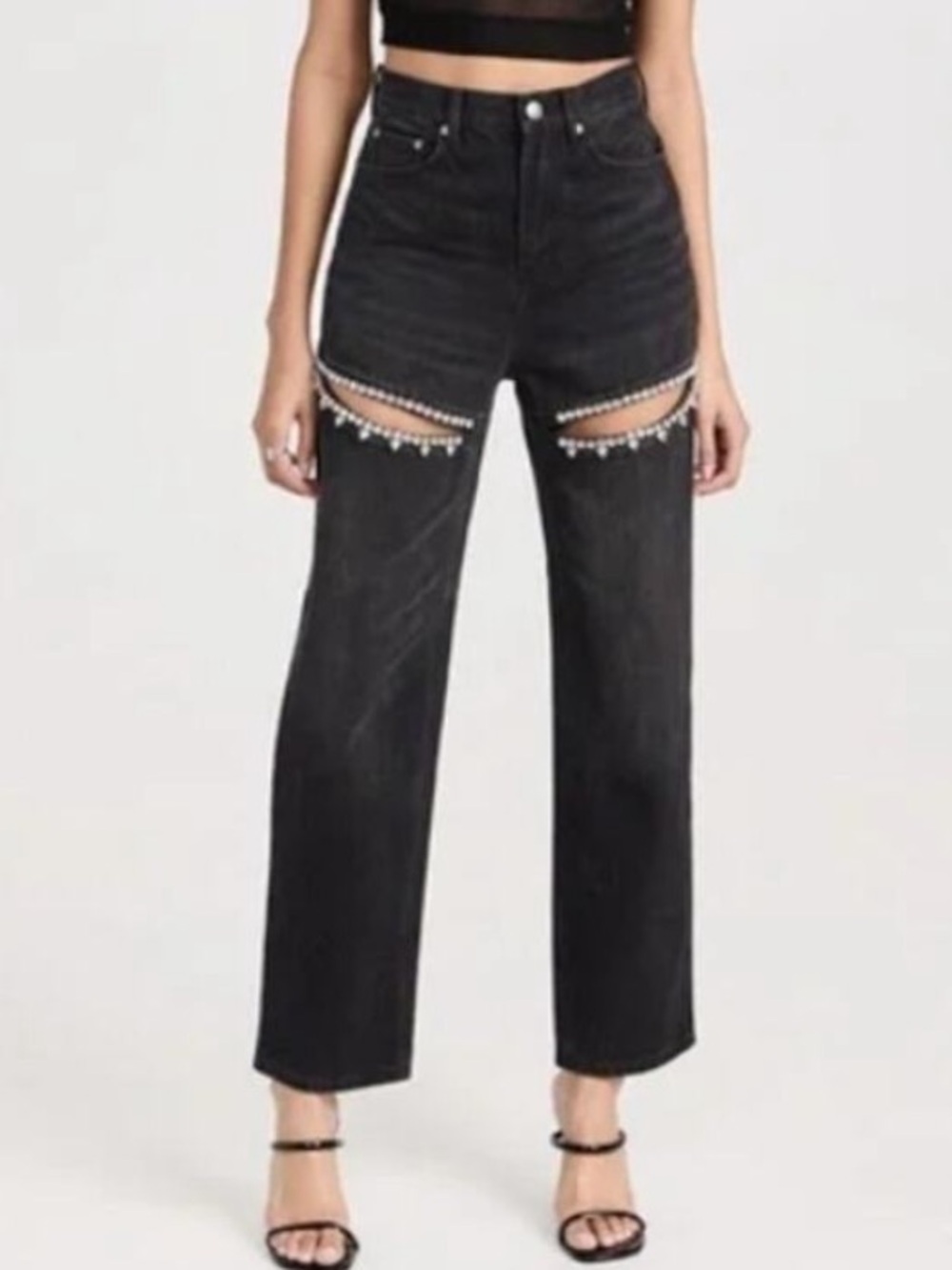 Torn by Ronny Kobo Black Straight-Leg Jeans with Rhinestone Trim